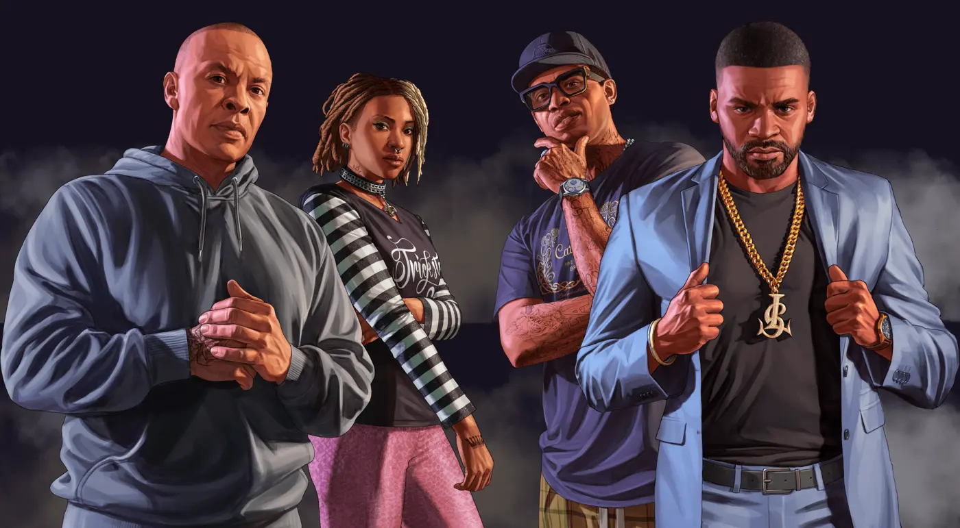 Artwork officiel de GTA Online : The Contract montrant Dr. Dre en sweat à capuche, l'experte en hacking Imani, DJ Pooh casquette et lunettes, et Franklin Clinton en veste bleue et chaîne dorée
