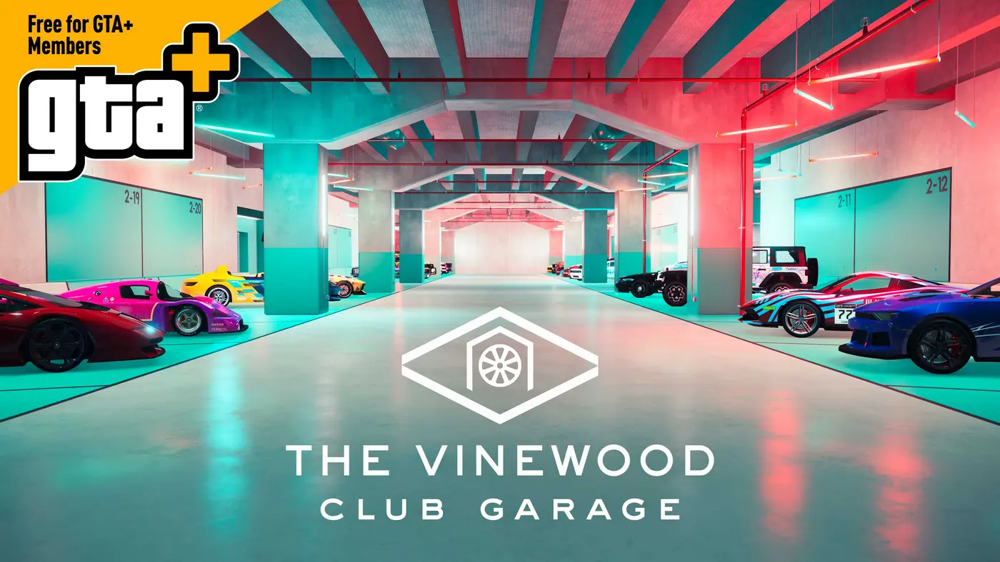 Capture de GTA Online : l'intérieur du garage du Vinewood Club, un parking souterrain aux néons turquoise et rouges aligné de voitures de sport sur plusieurs travées numérotées