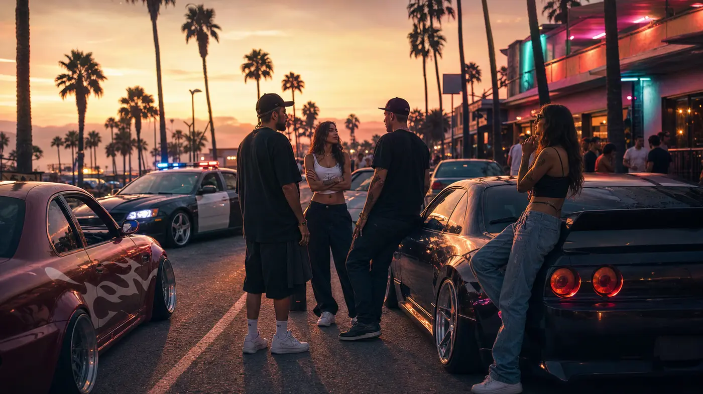 Rue d'une ville inspirée de Los Santos au coucher de soleil, joueurs en roleplay autour de voitures tunées, ambiance néon façon GTA, illustration