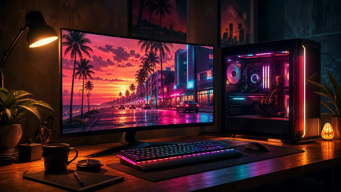 Poste PC gamer avec tour, clavier rétroéclairé et écran large affichant une rue de Los Santos, ambiance roleplay nocturne