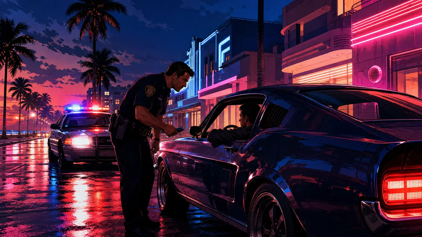 Un policier interpelle un automobiliste à la fenêtre de sa voiture sur une avenue de Los Santos la nuit, scène de roleplay style key-art GTA