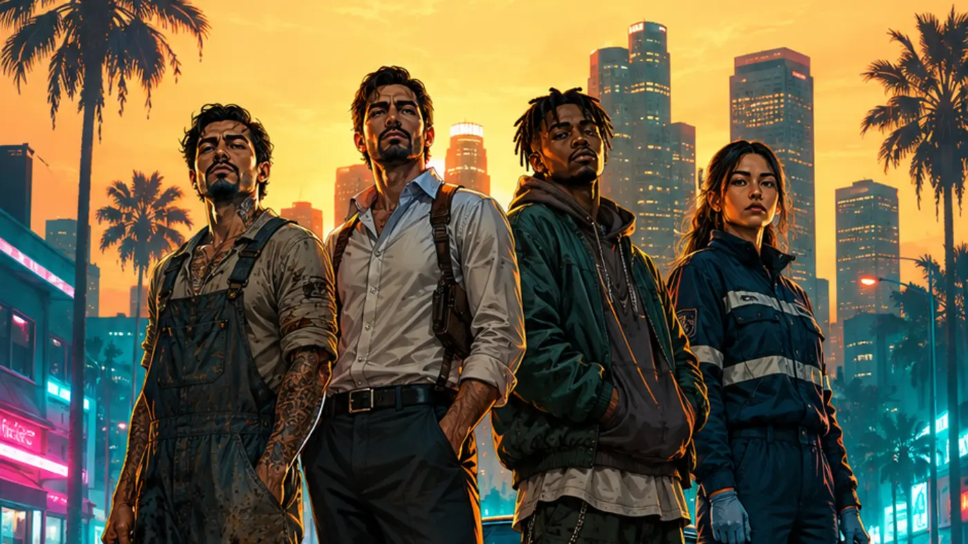 Quatre personnages de roleplay aux rôles différents, un mécano en salopette, un enquêteur en chemise, un membre de gang en hoodie et une ambulancière, posant dans une rue néon devant la skyline d'une ville au coucher de soleil, illustration style GTA