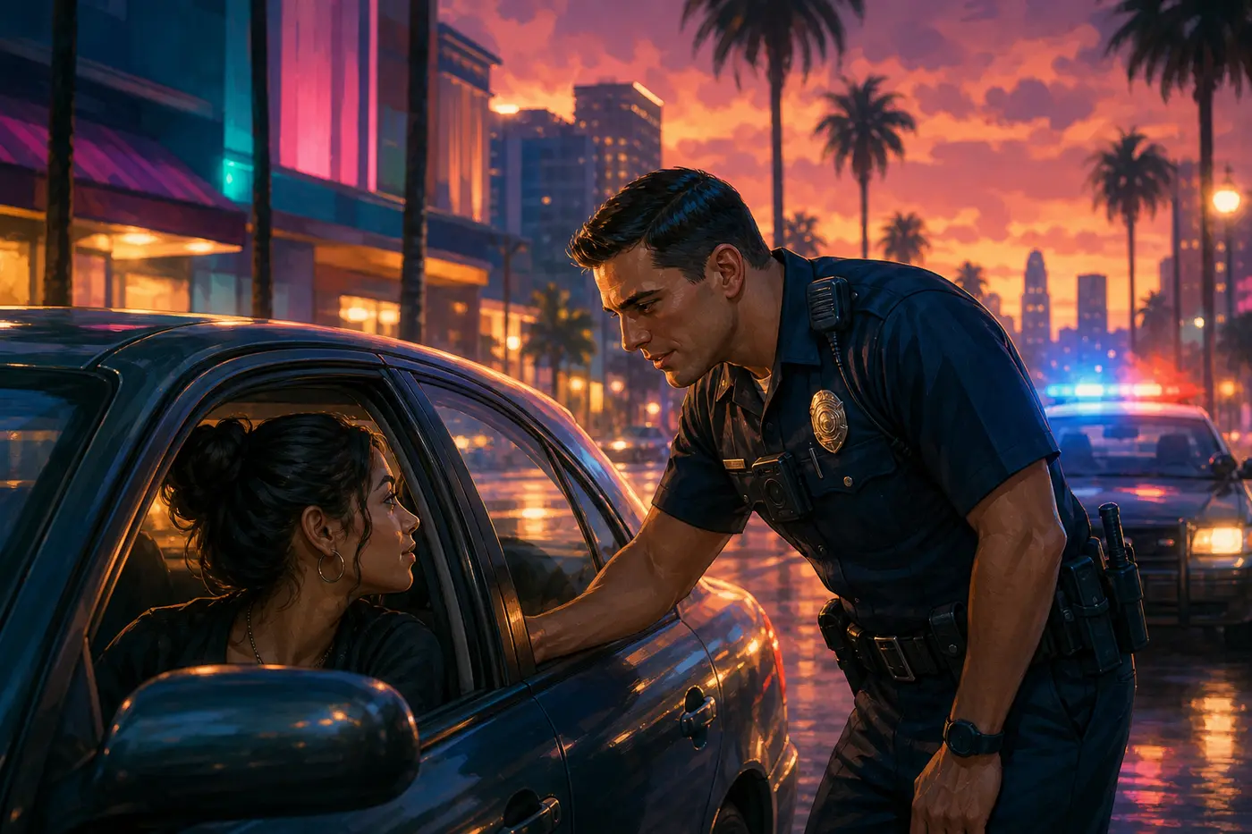 Scène de roleplay GTA RP : un policier interpelle une automobiliste à la fenêtre de sa voiture sur une avenue de Los Santos au crépuscule