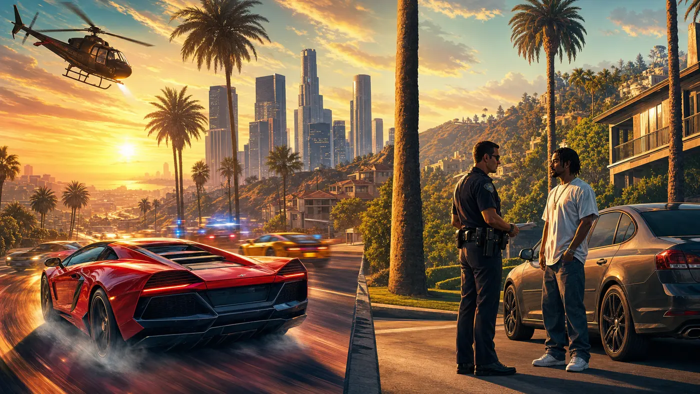 Boulevard de Los Santos au coucher du soleil scindé en deux ambiances, action en ville d'un côté et scène de roleplay calme de l'autre, illustration style key-art GTA