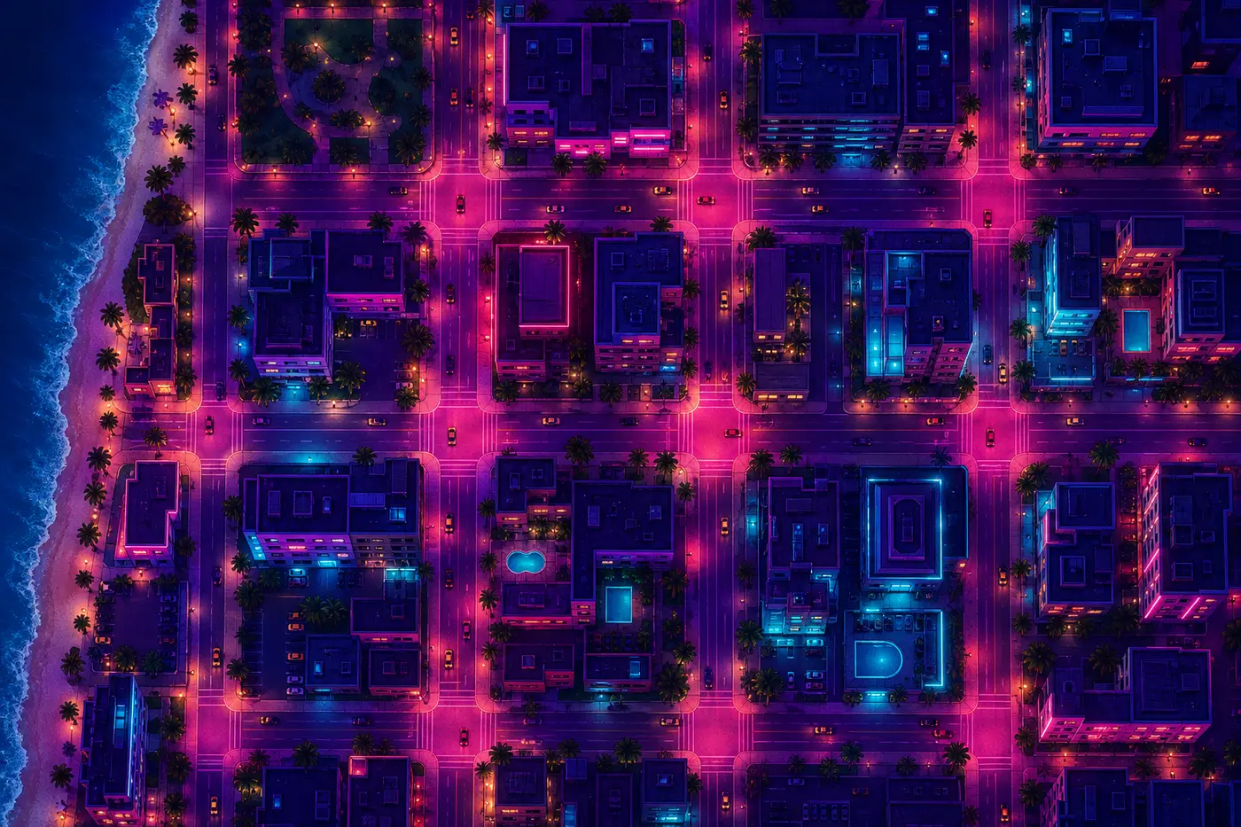Vue du dessus stylisée d'une grille urbaine de nuit aux néons magenta et cyan, petites voitures sur les rues et plage sur la gauche, dans l'esprit de la perspective des premiers GTA