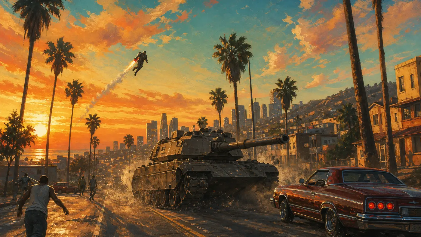 Illustration d'une rue de Los Santos au coucher de soleil version San Andreas, un char d'assaut au milieu de la chaussée et une silhouette en jetpack dans le ciel orangé, palmiers et collines, rendu illustré façon jaquette Rockstar