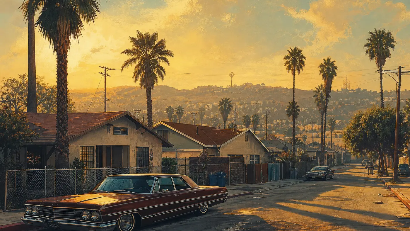 Illustration d'une rue de quartier façon Grove Street à Los Santos en 1992, pavillons, palmiers, lowrider garé au bord du trottoir, lumière dorée de fin d'après-midi, ambiance West Coast nostalgique