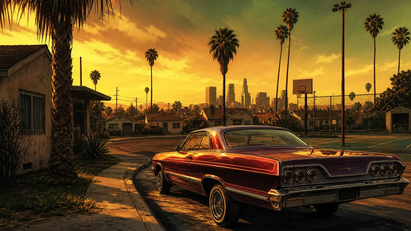 Illustration d'une rue résidentielle de Los Santos au crépuscule façon début des années 90, lowrider garé devant des pavillons, palmiers, terrain de basket, lumière dorée et brume verdâtre West Coast