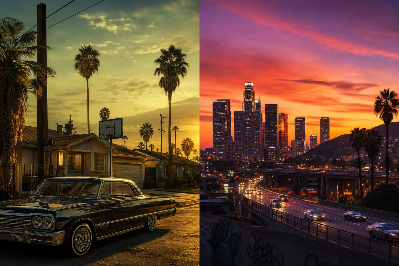 Illustration scindée en deux : à gauche une rue de Los Santos au crépuscule façon 1992, lowrider et palmiers, lumière verdâtre ; à droite la skyline moderne de Los Santos au coucher de soleil orangé, gratte-ciel et autoroute