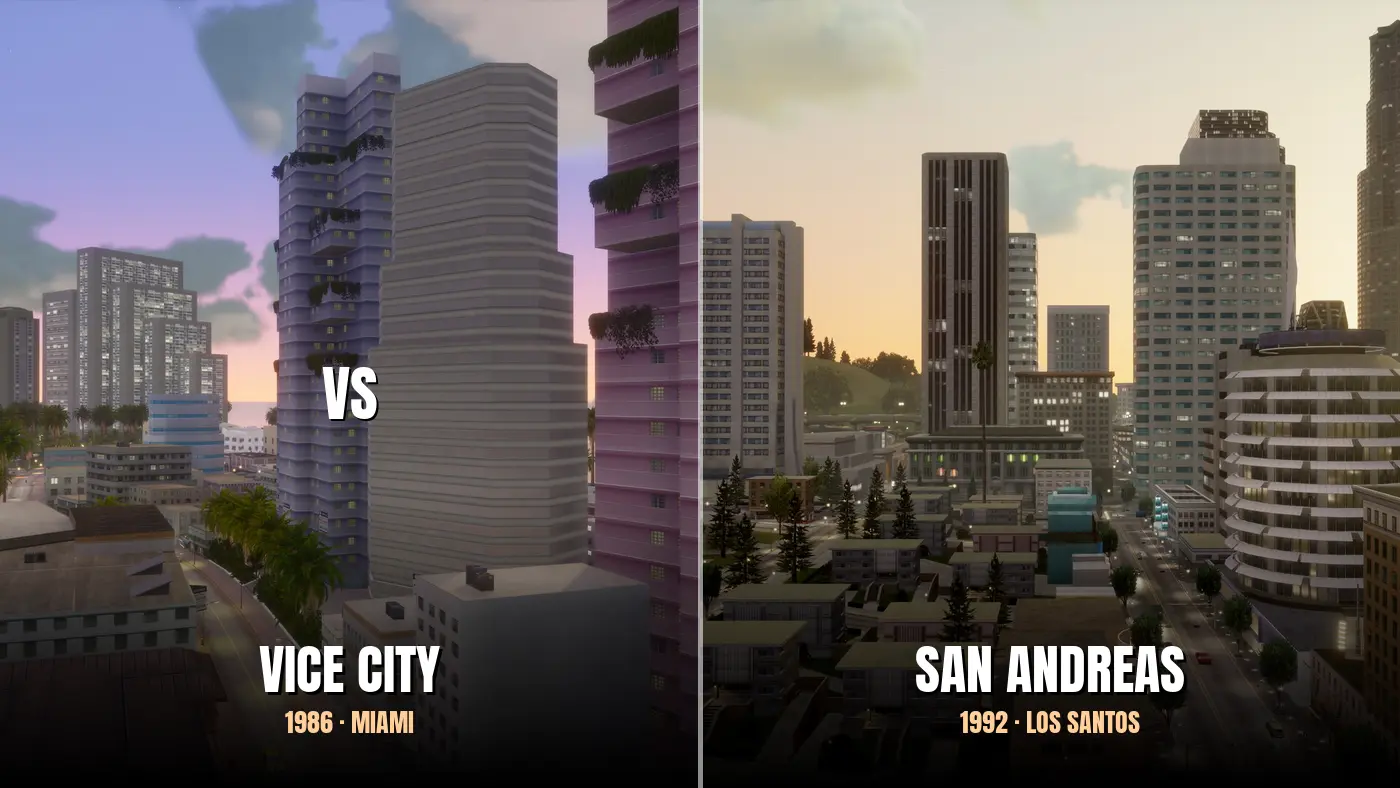 Diptyque comparant les skylines de Vice City (1986) et de San Andreas (1992) dans le remaster Definitive Edition