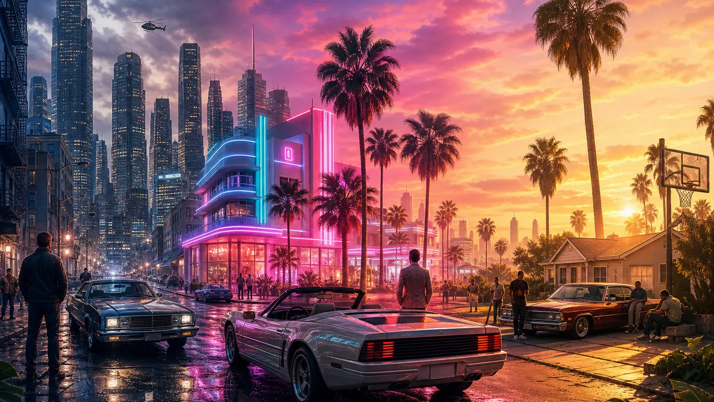 Illustration panoramique réunissant trois ambiances : une rue de Liberty City sous la pluie à gauche, un boulevard néon de Vice City au centre, une banlieue ensoleillée façon San Andreas à droite, coucher de soleil, rendu moderne lustré
