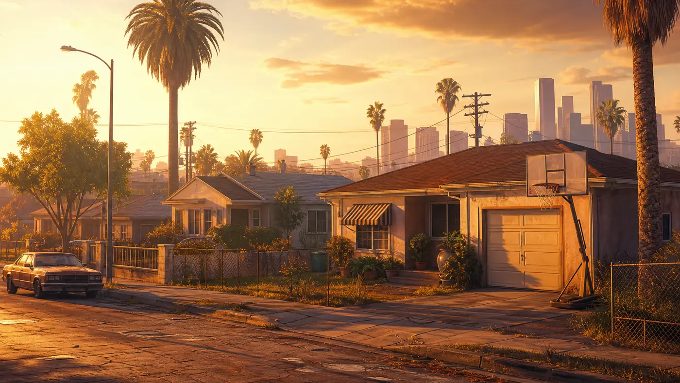 Illustration d'une rue de banlieue façon San Andreas au lever du soleil, pavillons, palmiers, lumière dorée chaude et atmosphérique, ambiance West Coast nostalgique