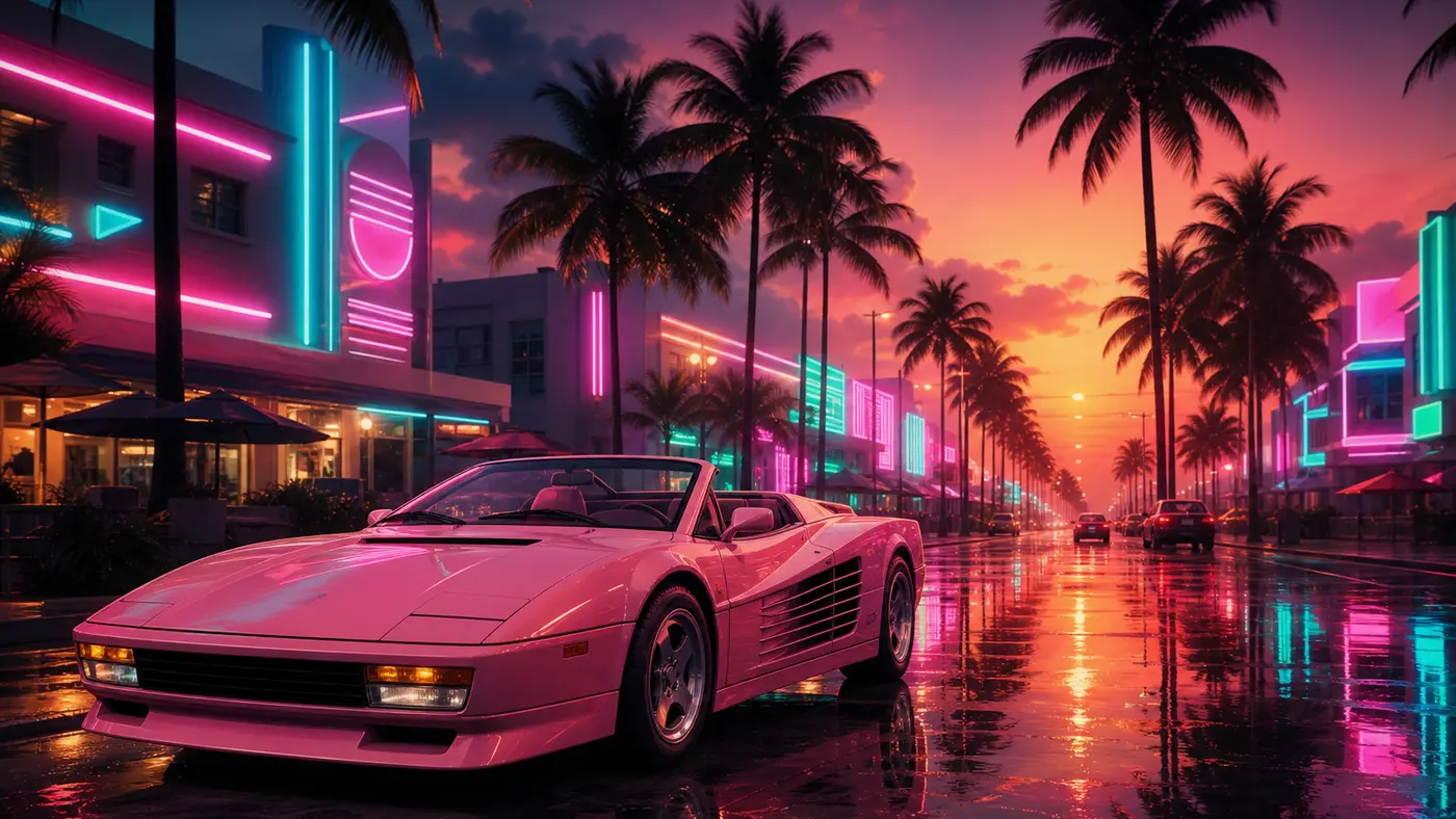 Illustration d'un boulevard de Vice City au crépuscule, palmiers, voiture de sport décapotable des années 80, enseignes néon roses et turquoise, rendu lustré façon remaster moderne