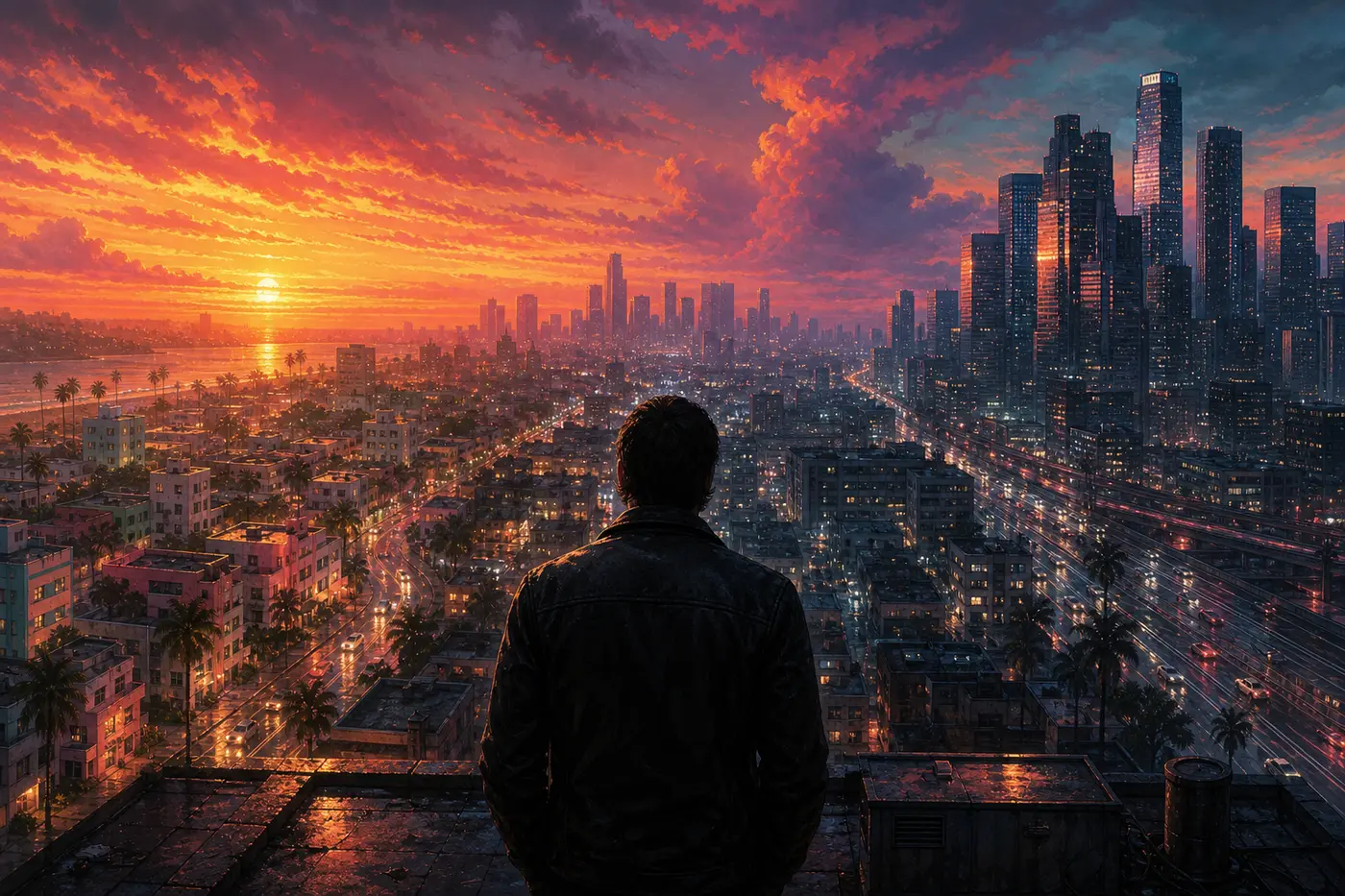 Personnage en blouson de cuir vu de dos sur un toit, contemplant une métropole au coucher du soleil qui passe d'un quartier côtier pastel à une skyline de gratte-ciel modernes, dans un style illustration proche de l'univers GTA