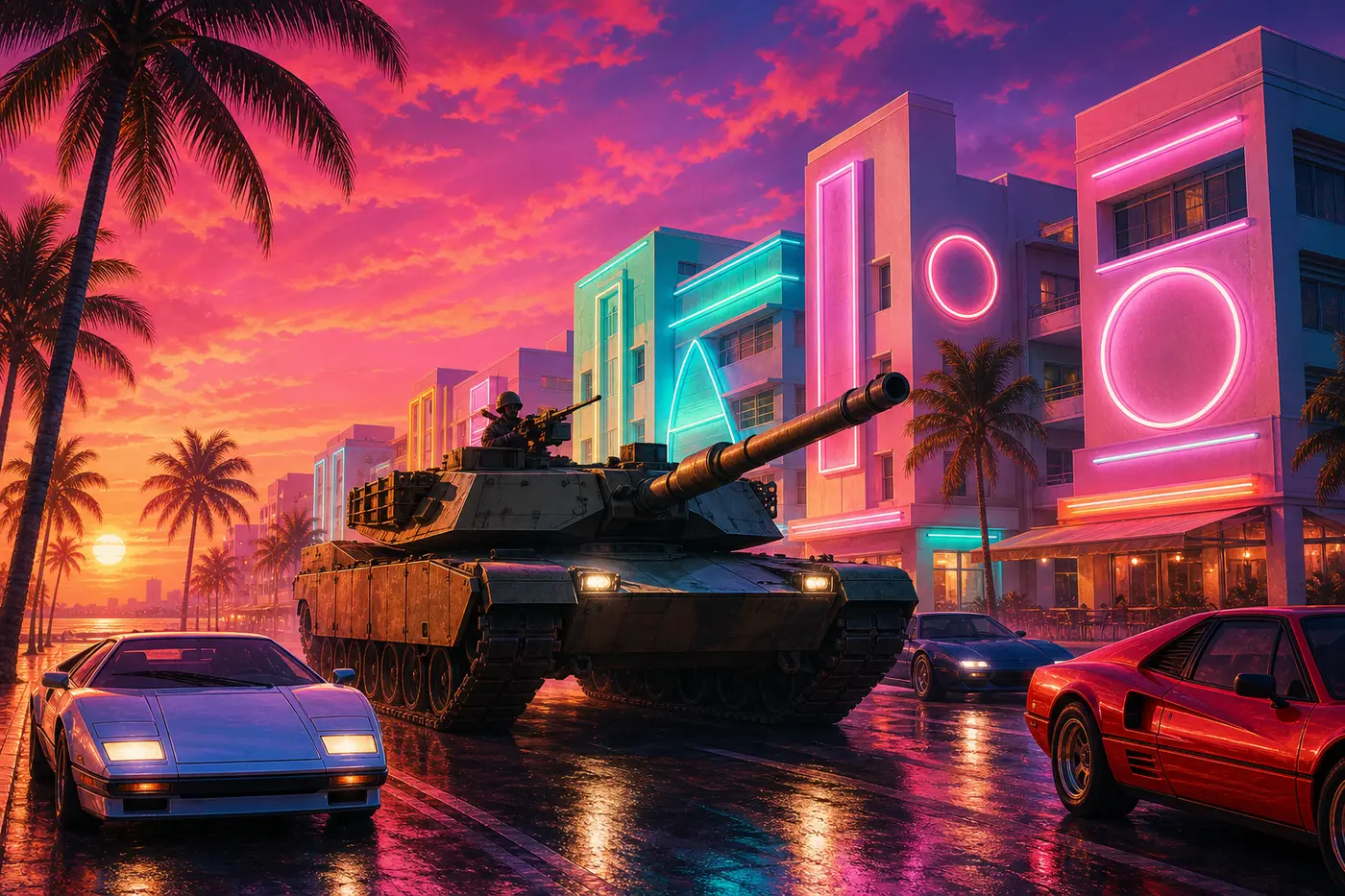 Rue d'une Vice City inspirée de Miami au coucher de soleil 1986, un char d'assaut au milieu du boulevard bordé de palmiers et d'hôtels art déco, ciel rose flamant et néons, rendu illustré façon jaquette Rockstar