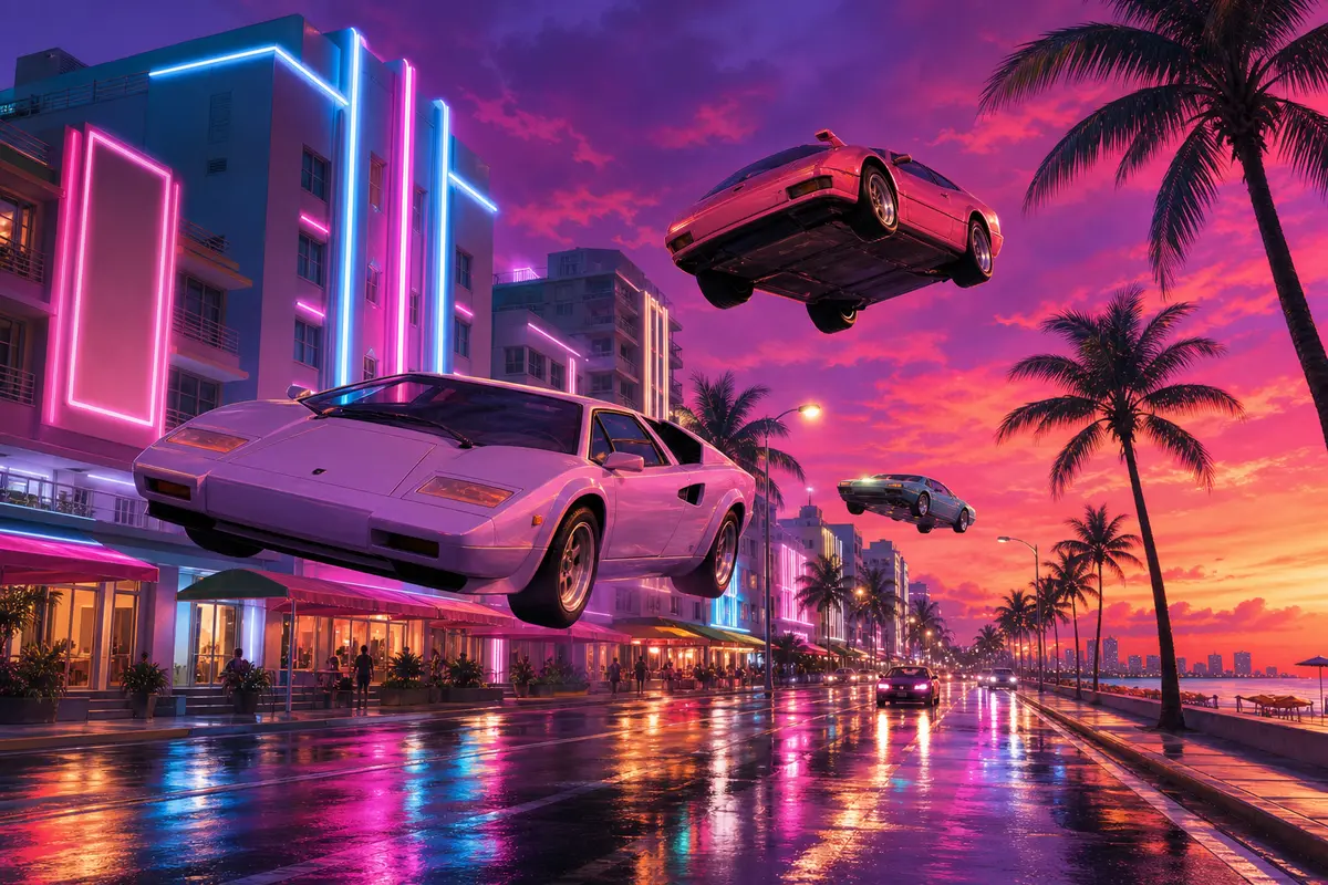 Voitures de sport des années 1980 en train de voler dans les airs au-dessus d'un boulevard à néons de Vice City au coucher de soleil, palmiers et reflets sur l'asphalte mouillé, illustration