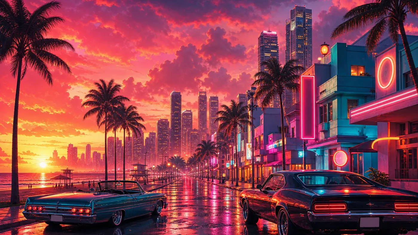 Illustration façon key-art GTA : un front de mer au coucher de soleil, immeubles Art déco pastel et enseignes néon au premier plan façon Miami, gratte-ciel d'une grande métropole américaine dans la brume en arrière-plan, voiture classique garée