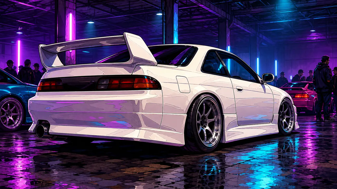 Illustration façon jaquette GTA d'un coupé sportif japonais blanc nacré, gros aileron arrière et jantes de préparation, façon Nissan Skyline, garé de nuit dans un meeting de voitures sous des néons violets et bleus, sol mouillé qui reflète les lumières, autres voitures et silhouettes en arrière-plan