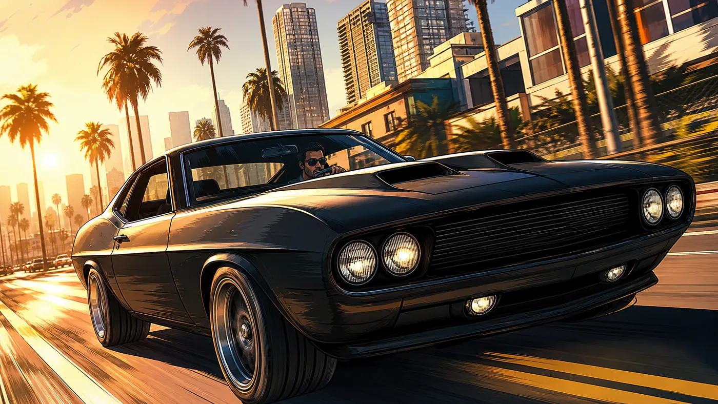 Illustration façon jaquette GTA d'un muscle car américain noir mat, calandre large et prises d'air sur le capot, façon Dodge Challenger, roulant à vive allure sur un boulevard ensoleillé bordé de palmiers et de gratte-ciel, lumière dorée de fin de journée