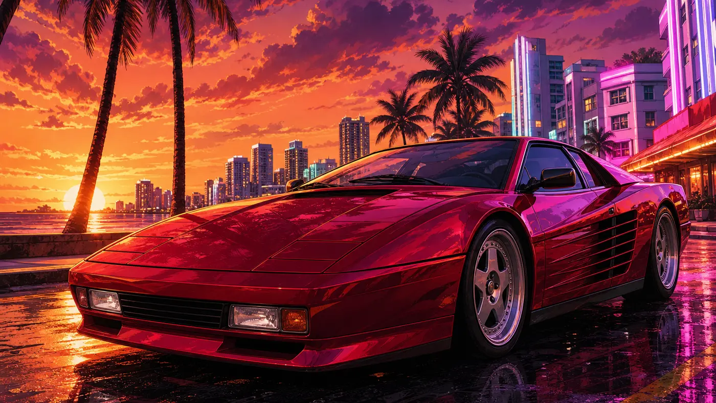 Illustration façon jaquette GTA : une supercar rouge profilée à coin, façon Ferrari Testarossa, garée sur un boulevard côtier bordé de palmiers au coucher de soleil orangé et magenta, immeubles Art déco et néons à l'arrière-plan, asphalte mouillé qui reflète les lumières