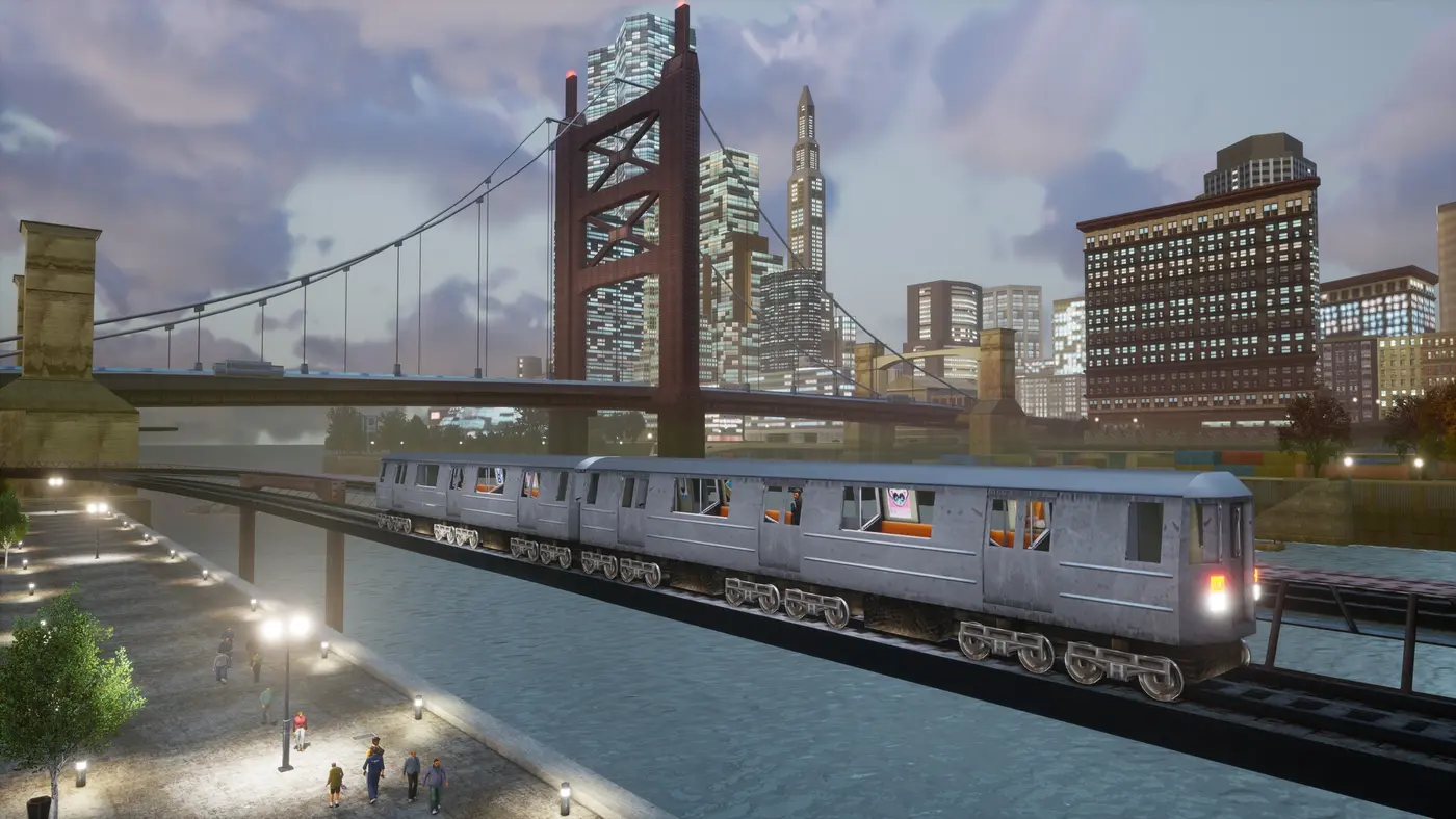 Métro aérien argenté traversant un pont suspendu rouge devant la skyline de Liberty City au crépuscule, rivière et promenade au premier plan, dans GTA 3