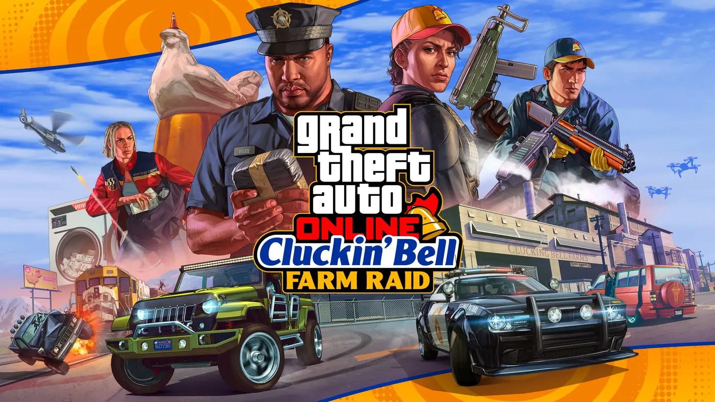 Key art officiel du Cluckin' Bell Farm Raid : un policier tenant un colis, des personnages armés et des véhicules devant une usine