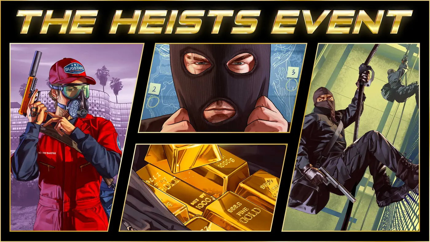 Key art officiel de l'événement Braquages de GTA Online : un braqueur masqué, des lingots d'or et un joueur en rappel le long d'une façade