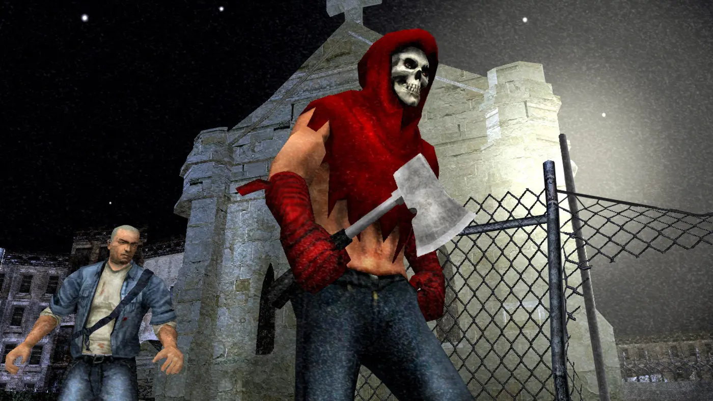 Chasseur en capuche rouge et masque de crâne brandissant une hachette devant une chapelle en pierre surmontée d'une croix, la nuit, tandis que Cash approche par la gauche, dans Manhunt