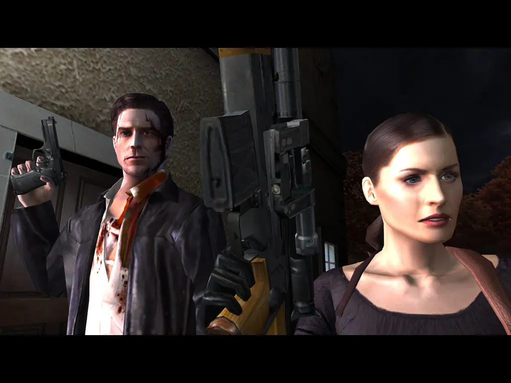 Capture de Max Payne 2 : Max, visage marqué et chemise tachée de sang, tient un pistolet ; au centre, un fusil d'assaut ; à droite, Mona Sax, brune aux cheveux tirés en arrière, dans une cinématique au format bandes noires