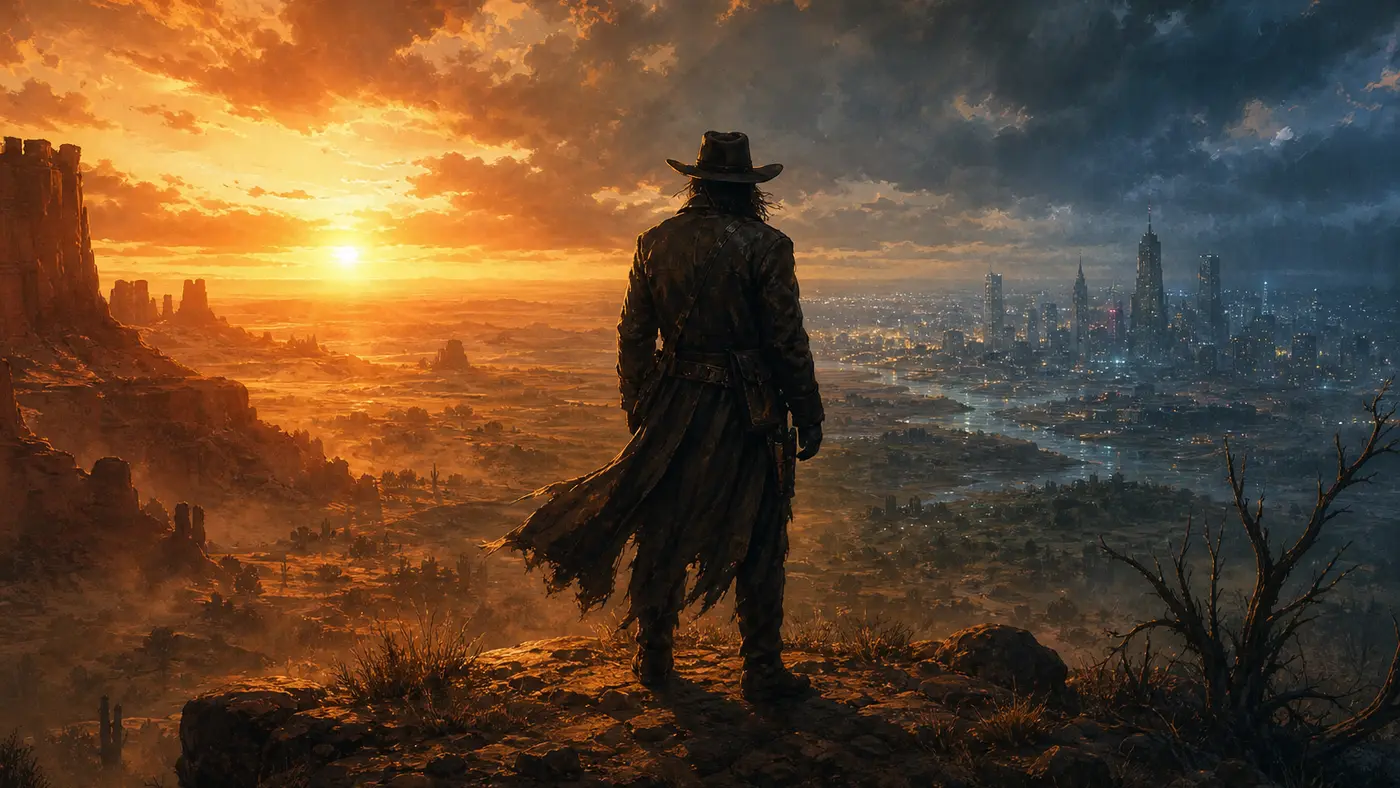 Illustration cinématique façon affiche Rockstar : un hors-la-loi solitaire en long manteau et chapeau, de dos sur une crête désertique au coucher du soleil, surplombant un canyon western qui se fond au loin vers une skyline urbaine, lumières ambre et bleutées