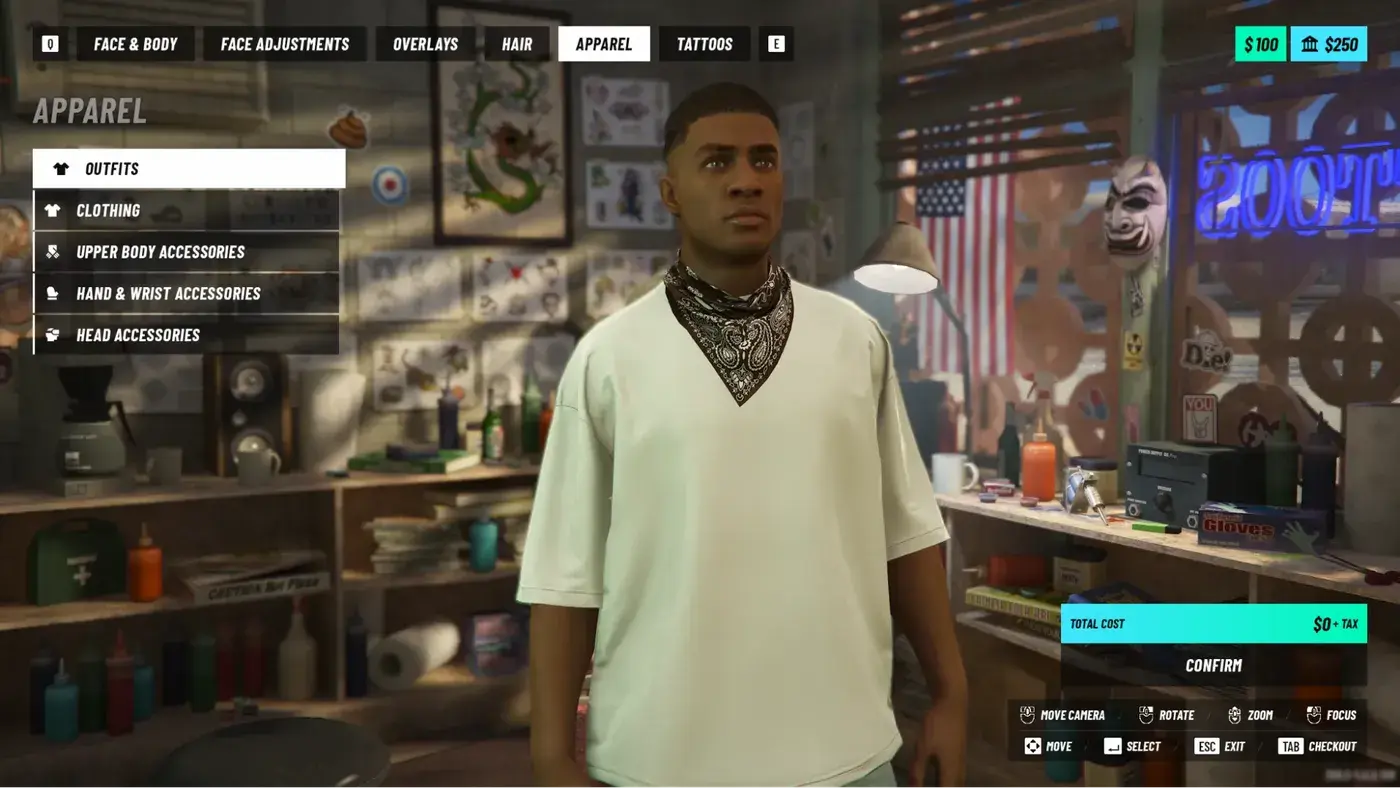 Le créateur de personnage de NoPixel V : un homme en t-shirt blanc oversize et bandana noir dans un salon de tatouage, onglets Face and Body, Overlays, Hair, Apparel et Tattoos en haut, liste de vêtements à gauche, bouton Confirm en bas à droite