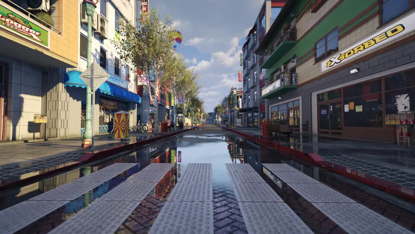 Rue commerçante détrempée du nouveau Cypress Flats dans NoPixel V : façades colorées à balcons, enseignes, chaussée mouillée reflétant le ciel, passage piéton au premier plan, montgolfière dans le ciel