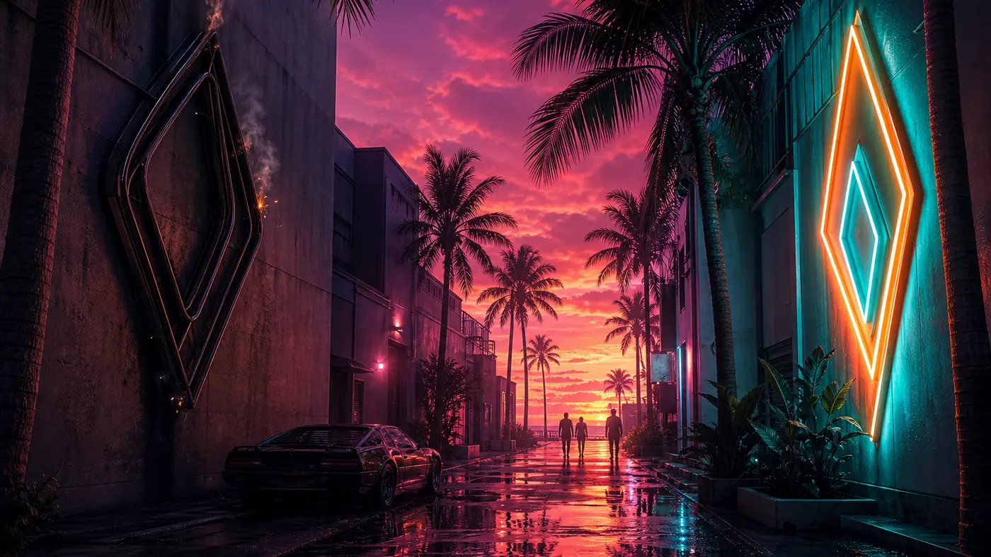 Illustration nocturne : ruelle d'une ville côtière néon, une enseigne lumineuse éteinte et grésillante face à une enseigne éclatante, ambiance Vice City