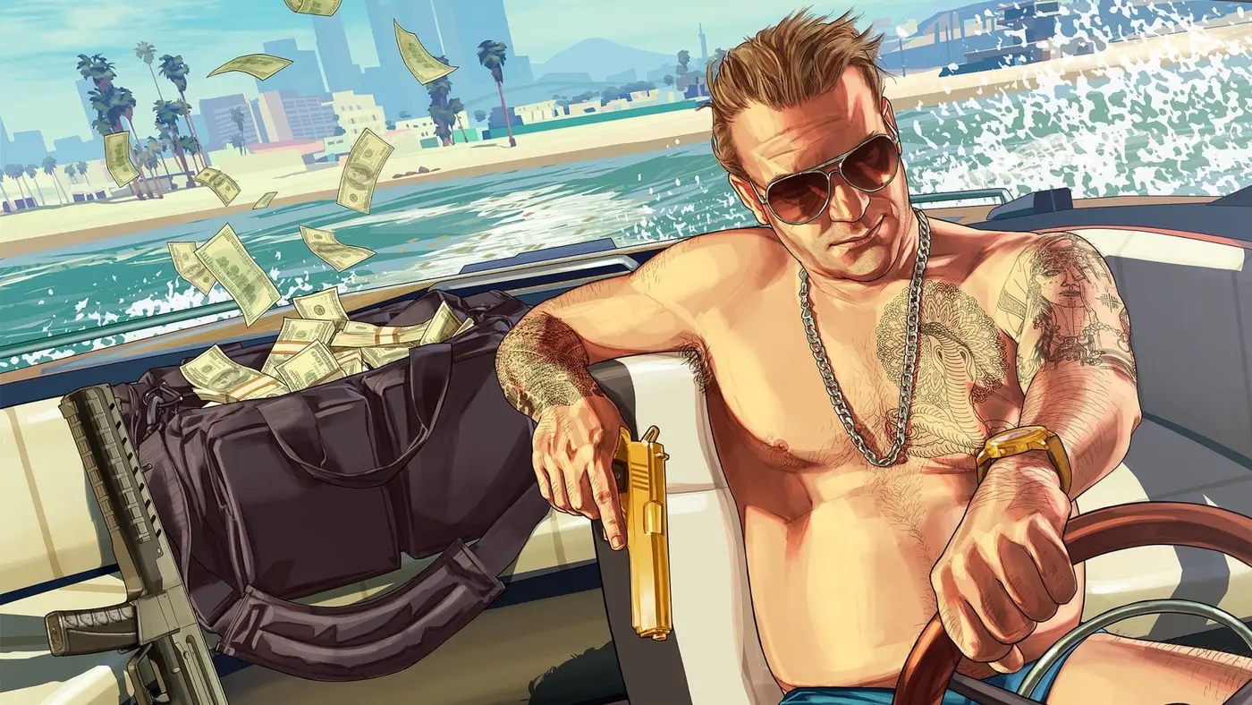 Artwork officiel de GTA V : un homme tatoué en lunettes de soleil pilote un hors-bord, un sac de sport débordant de billets à côté de lui, billets s'envolant au-dessus de l'eau