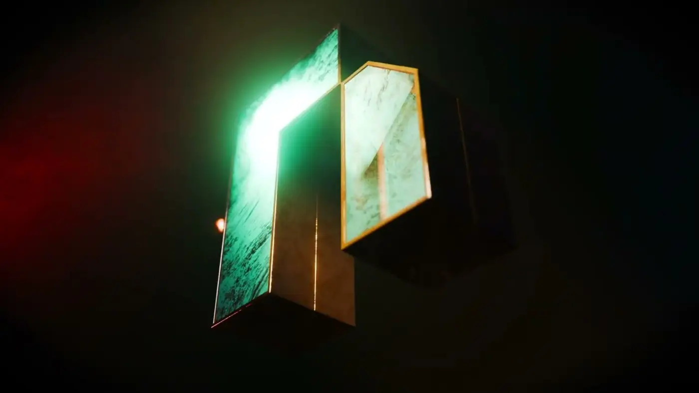 Le logo NoPixel, un monogramme vert lumineux émergeant de la pénombre dans la fumée, extrait du teaser d'annonce de NoPixel V