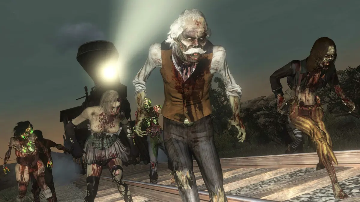 Un groupe de zombies aux vêtements déchirés, dont un vieil homme à moustache blanche, avance sur une voie ferrée devant une locomotive au phare allumé