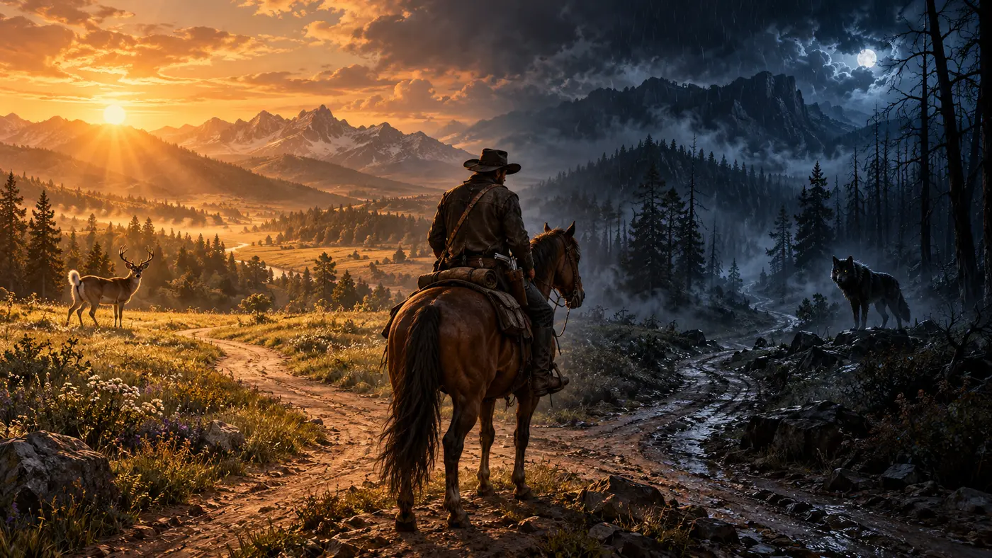Illustration : un cavalier de l'Ouest à une fourche du sentier, entre une prairie dorée où se tient un cerf et une forêt d'orage où l'observe un loup sombre