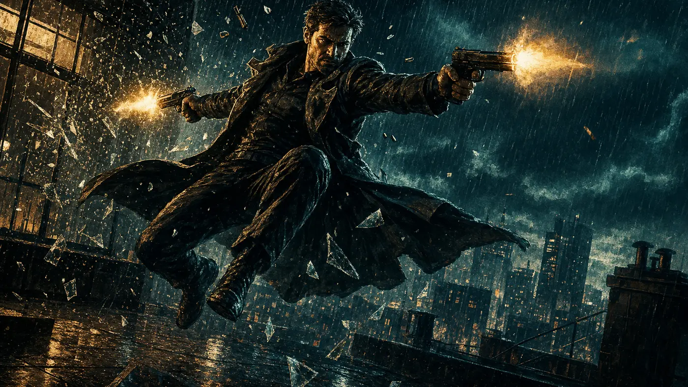Illustration néon-noir : un antihéros en imperméable en plein saut bullet-time, tirant à deux pistolets sous la pluie, éclats de verre et flammes de bouche au ralenti, toit de nuit, lumières ambre et cyan