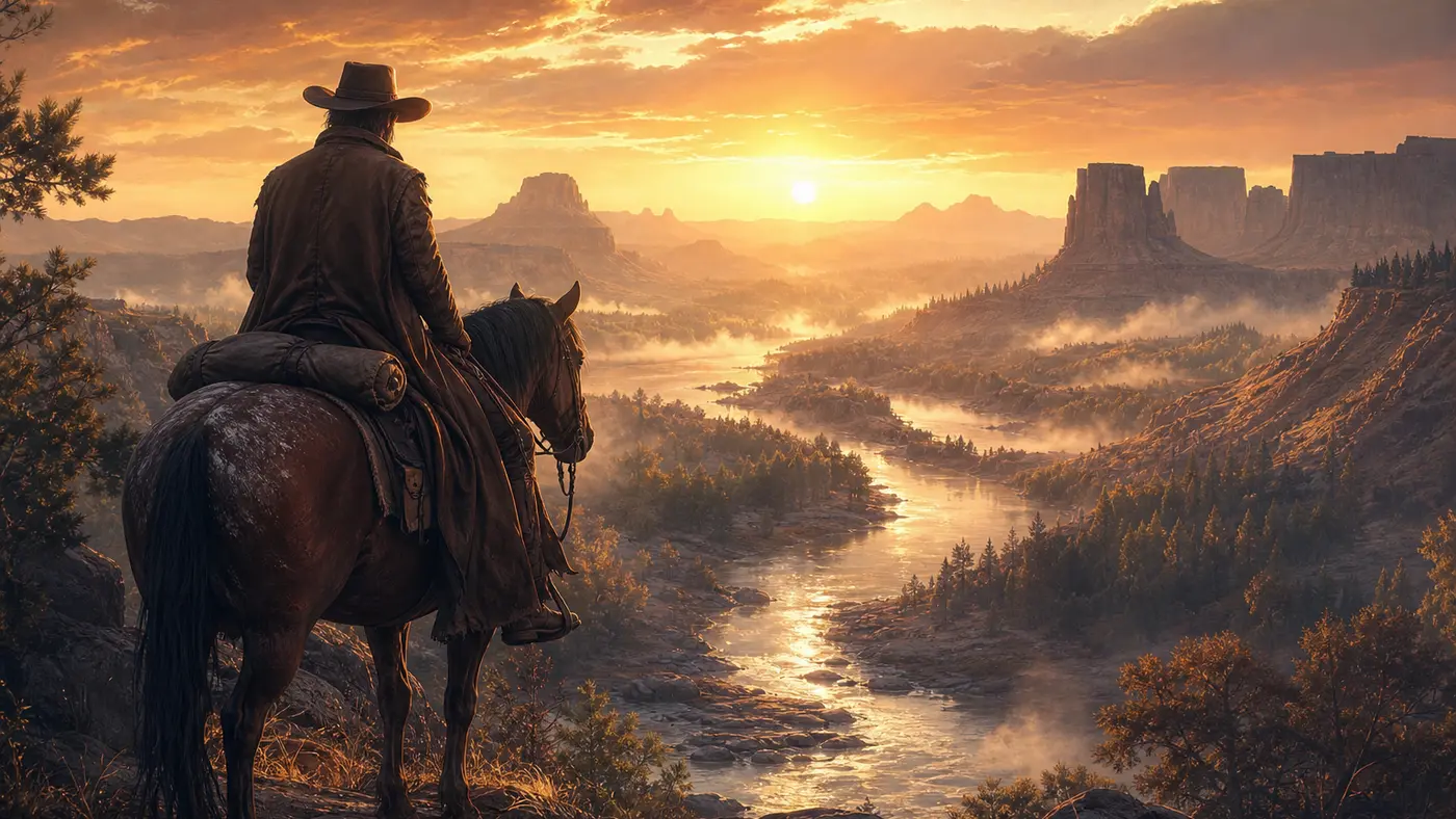 Illustration façon affiche western : un hors-la-loi solitaire en long manteau, à cheval à l'aube dorée le long d'une vallée brumeuse, mesas et crêtes de pins au loin