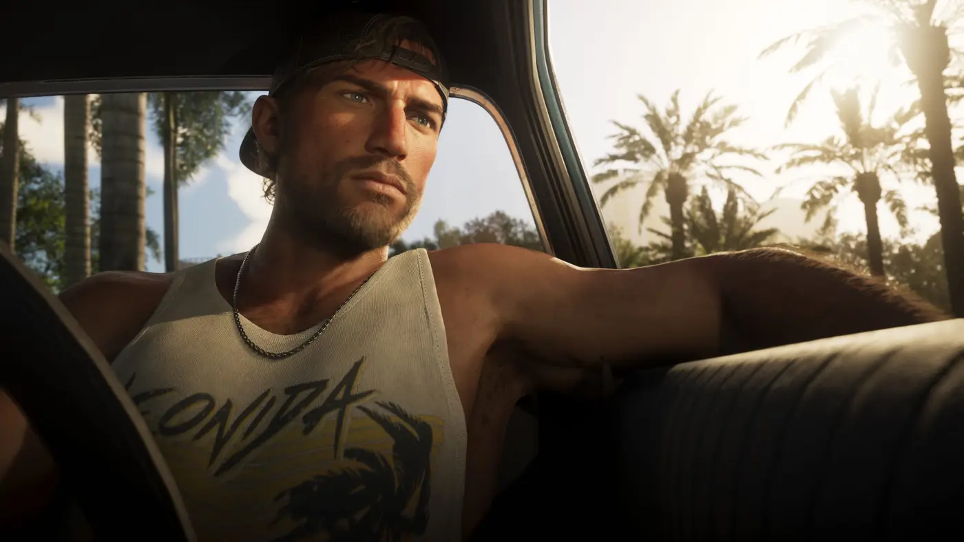Jason Duval, protagoniste de GTA VI, au volant d'une voiture, image officielle Rockstar