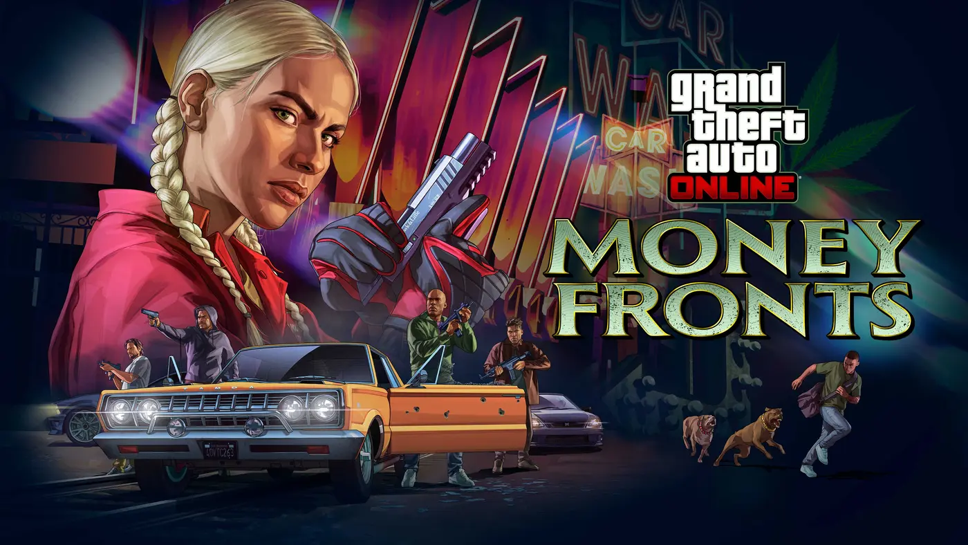 Key-art officielle du DLC Money Fronts de GTA Online : une femme blonde aux tresses, des personnages armés, un lowrider et un car wash aux néons, avec le logo Grand Theft Auto Online Money Fronts