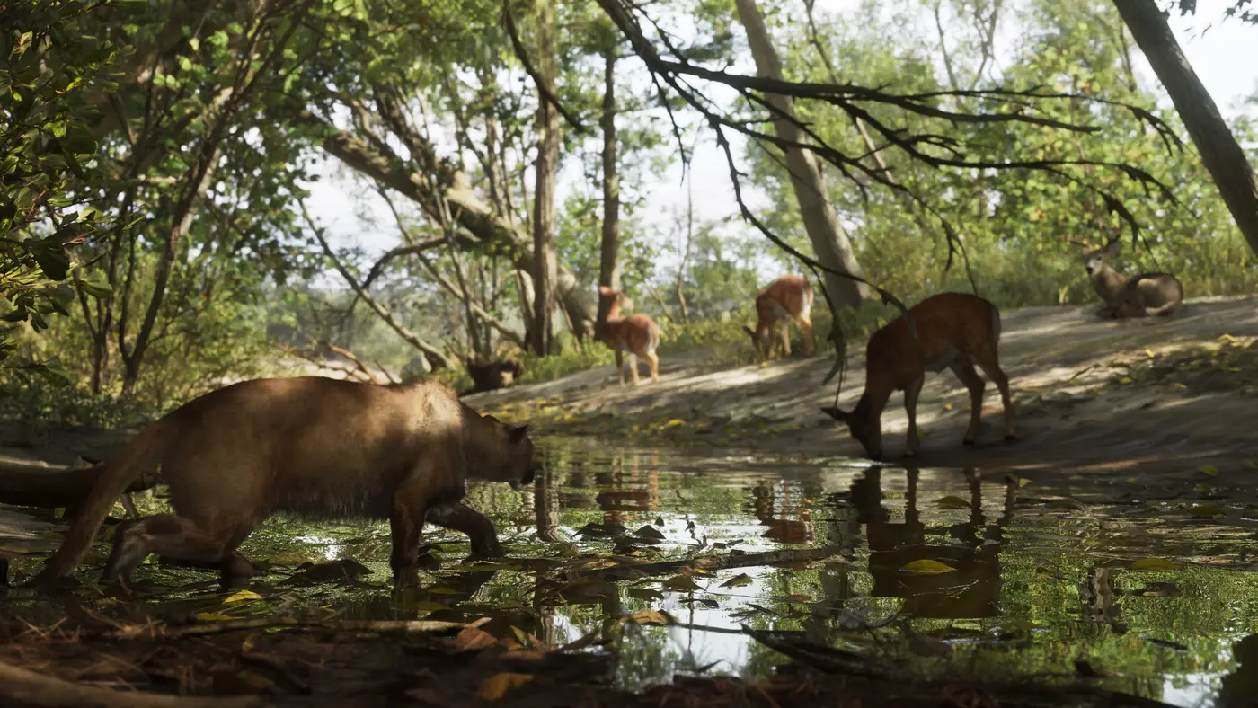 Sous-bois d'un ruisseau à Mount Kalaga dans GTA VI : une panthère de Floride fauve traverse l'eau peu profonde au premier plan tandis que trois cerfs broutent et se reposent sur la berge ensoleillée en arrière-plan
