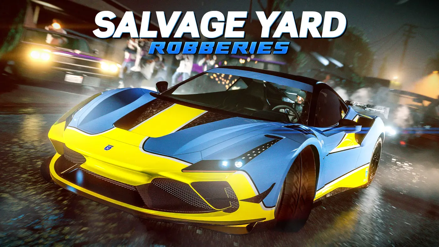 Illustration officielle des Salvage Yard Robberies : une supercar bleu et jaune fonce de nuit sur une route mouillée pendant une course-poursuite, gyrophares et gang en arrière-plan