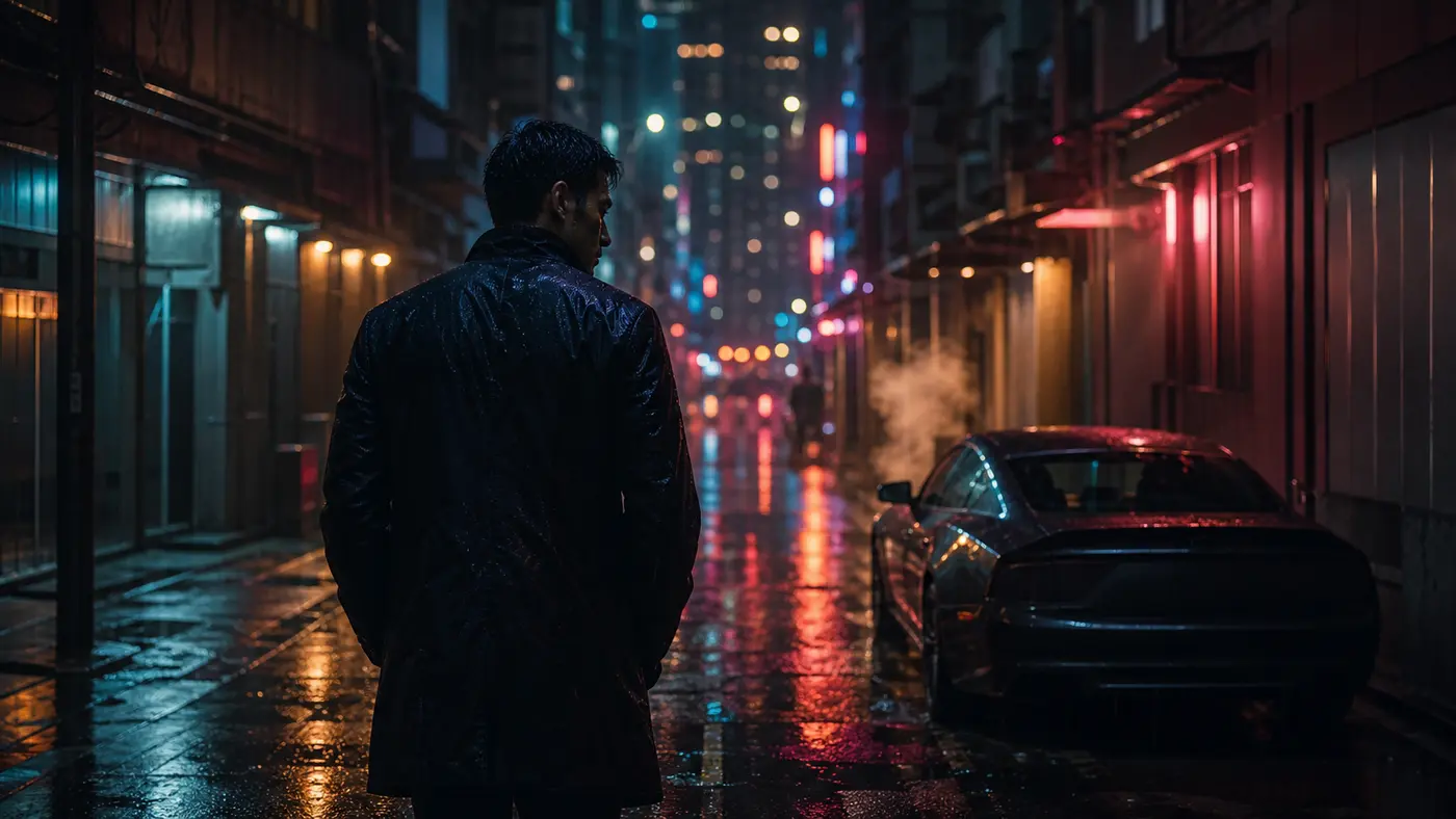 Un homme en veste sombre vu de dos marche dans une ruelle de Hong Kong la nuit, sol mouillé par la pluie, néons rouges et cyan flous en arrière-plan, voiture de sport garée, ambiance néo-noir cinématographique évoquant Sleeping Dogs