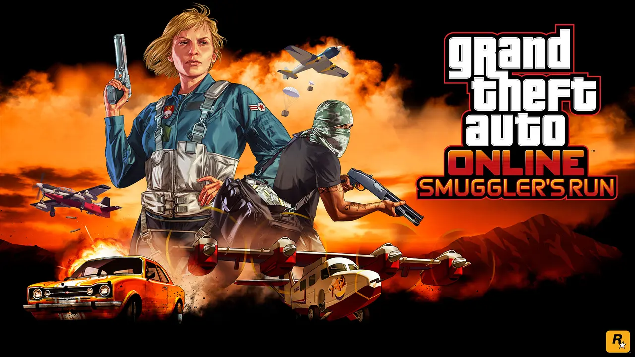 Artwork officiel de GTA Online: Smuggler's Run : une pilote blonde tient un pistolet, un homme masqué un fusil à pompe, des avions larguent des caisses en parachute au-dessus d'une voiture de fuite, ciel orange