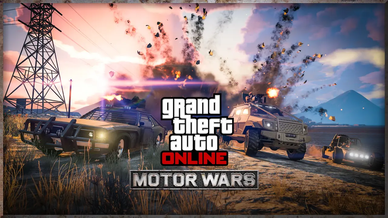 Key art de Motor Wars : des véhicules armés, un pick-up blindé avec tourelle et une muscle car, foncent dans une plaine désertique pendant qu'une explosion projette des débris dans le ciel du crépuscule