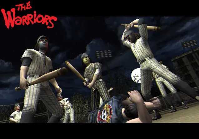 Les Baseball Furies, gang aux uniformes de baseball rayés et aux visages peints, brandissant des battes la nuit, capture officielle du jeu The Warriors