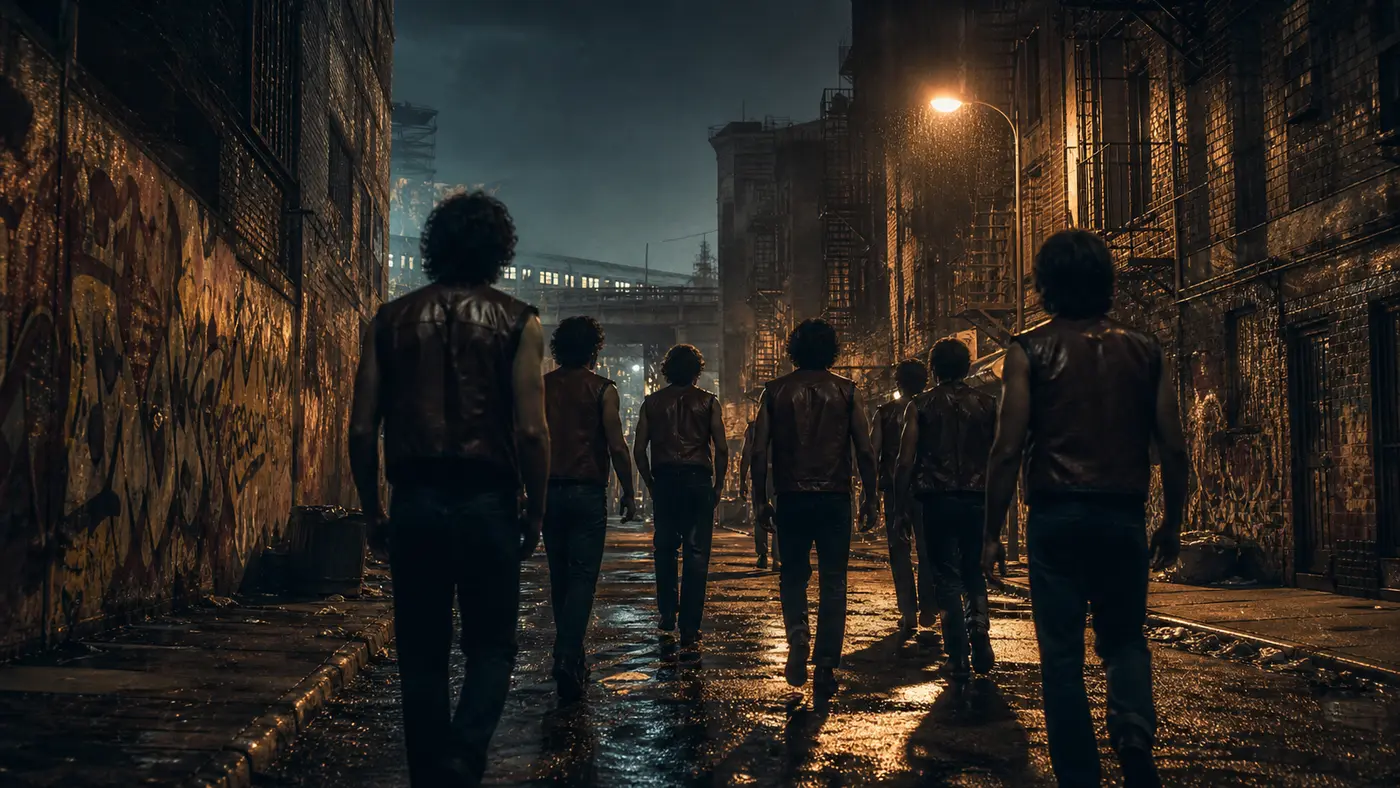 Un gang de rue en gilets de cuir sans manches marche de dos dans une ruelle du Bronx la nuit, métro aérien et immeubles à escaliers de secours en fond, ambiance cinématographique inspirée du film The Warriors de 1979