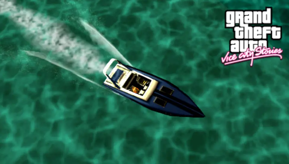 Hors-bord bleu nuit et blanc vu de dessus, filant sur une mer turquoise en laissant un sillage d'écume, logo Grand Theft Auto Vice City Stories en haut à droite