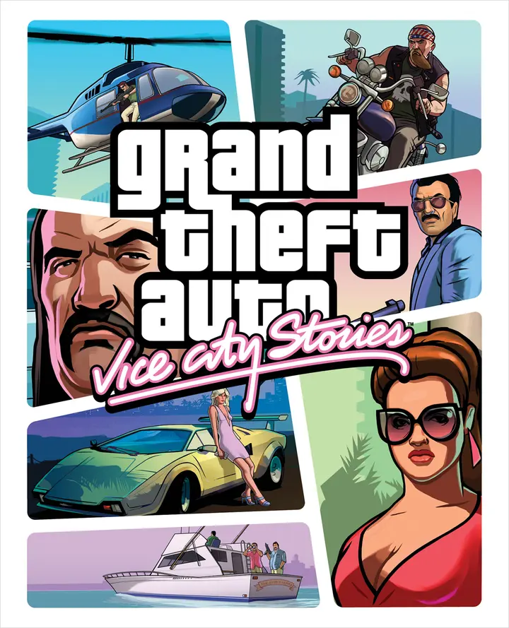 Illustration officielle de Grand Theft Auto Vice City Stories en cases autour du logo du jeu : hélicoptère bleu et blanc avec un homme armé à la portière, motard barbu, grand visage d'un homme chauve et moustachu, homme à lunettes teintées en chemise bleue, voiture de sport jaune avec une femme en robe, yacht, et au premier plan une femme brune à lunettes de soleil